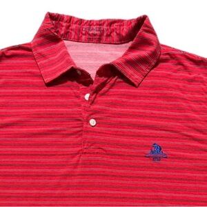 B. Deadly Sport Red Striped Golf Polo with Blue Embroidered Logo